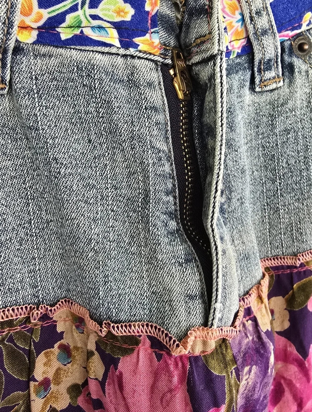 Sacred Threads Vintage Boho Denim Floral Tiered Maxi Skirt 30